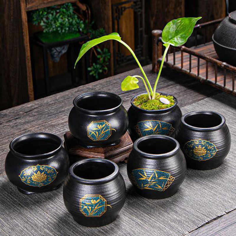 Bonsai Garden Art - กระถางดอกไม้เซรามิกสไตล์จีน แจกันบอนไซ สีดำ กระถางต้นไม้ ระบายอากาศได้ดี ภาชนะปลูกต้นไม้